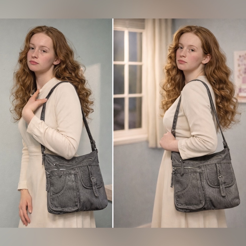 Gray Faux Leather Crossbody Bag Multi Pocket Zip Front Adjustable Strap